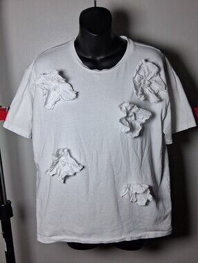 Zara White 3D Floral Applique Short Sleeve T-Shirt Tee Top Women's Size L